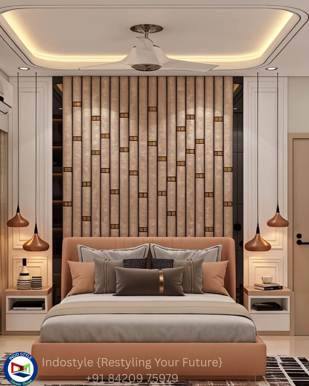 Copper Pendant Bedroom — Residential interior in Lake Town, Kolkata